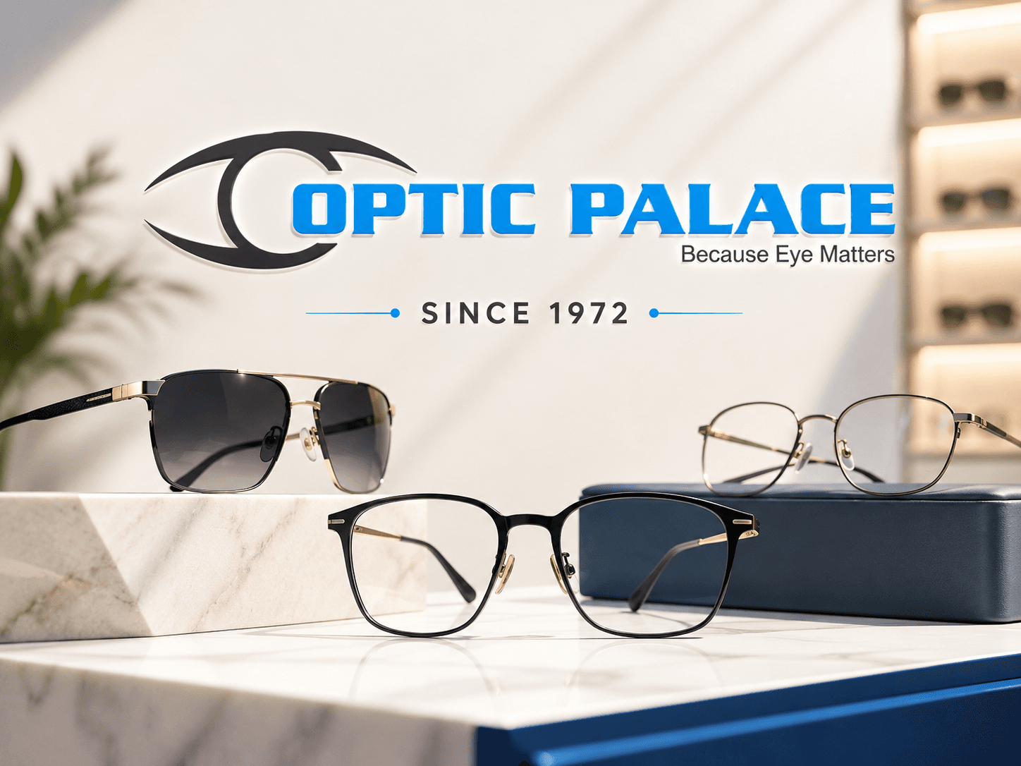Optic Palace store display with the Since 1972 sign above eyeglasses and sunglasses on a marble counter