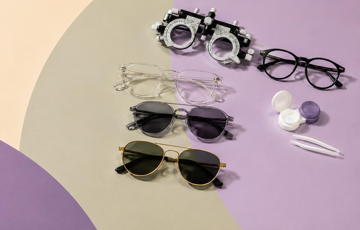 Trial lens frame, eyeglasses, sunglasses and a contact lens case on a colour-blocked surface