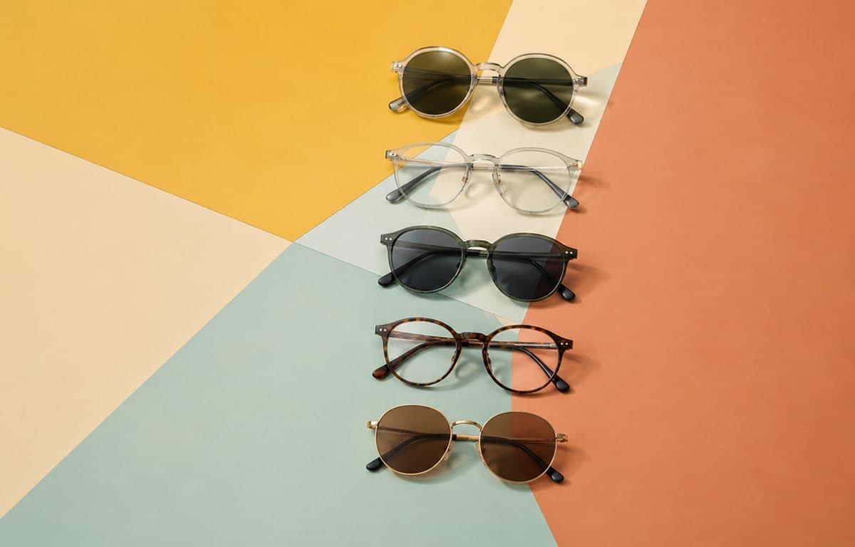 Five pairs of eyeglasses and sunglasses arranged on a multi-coloured background