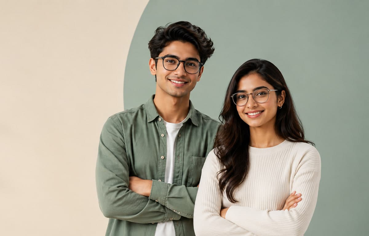 A man and a woman wearing eyeglasses in a modern optical store