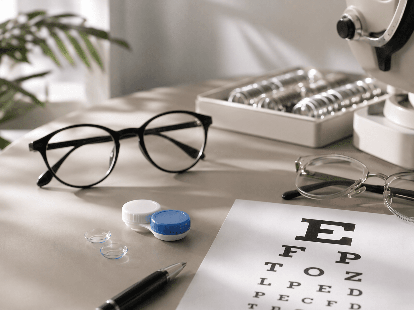 Eyeglasses, contact lenses, a trial lens set and an eye chart on an optometrist's desk
