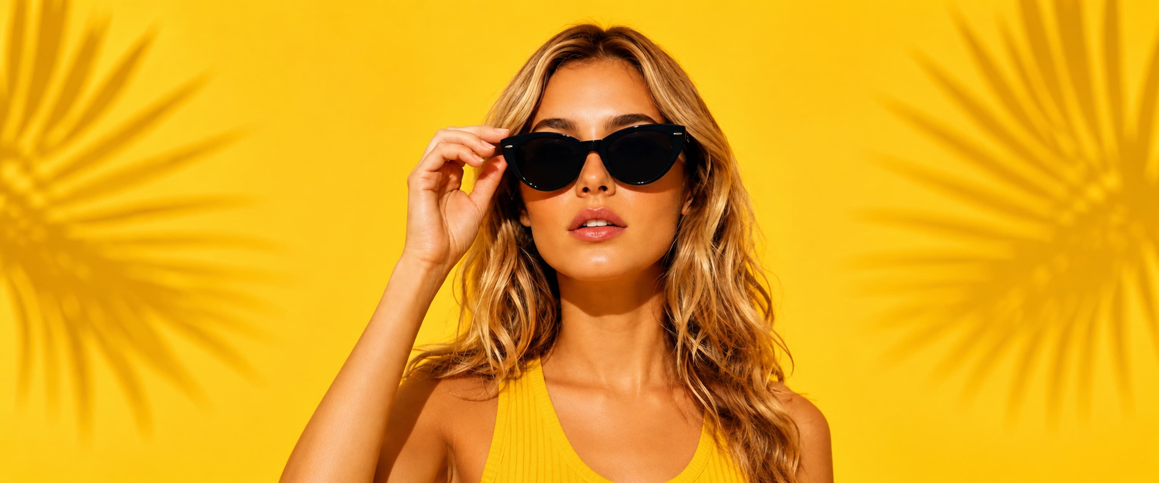 Woman wearing black cat-eye sunglasses against a bright yellow background with palm leaf shadows, Optic Palace