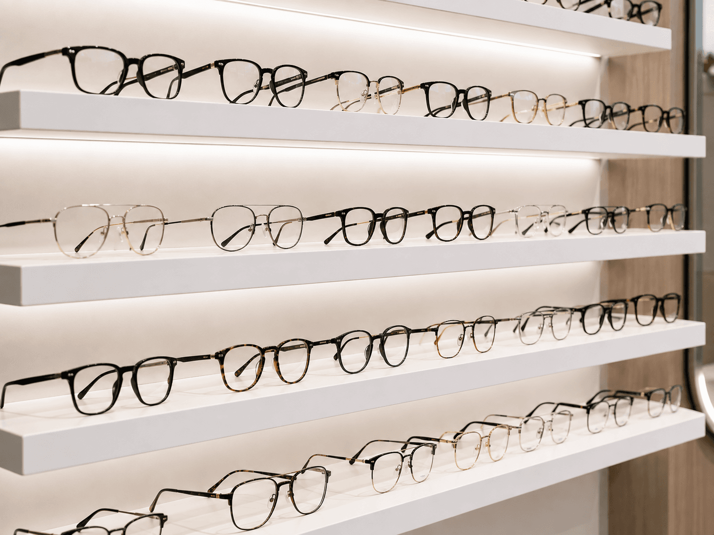 Premium spectacle frames on a display shelf