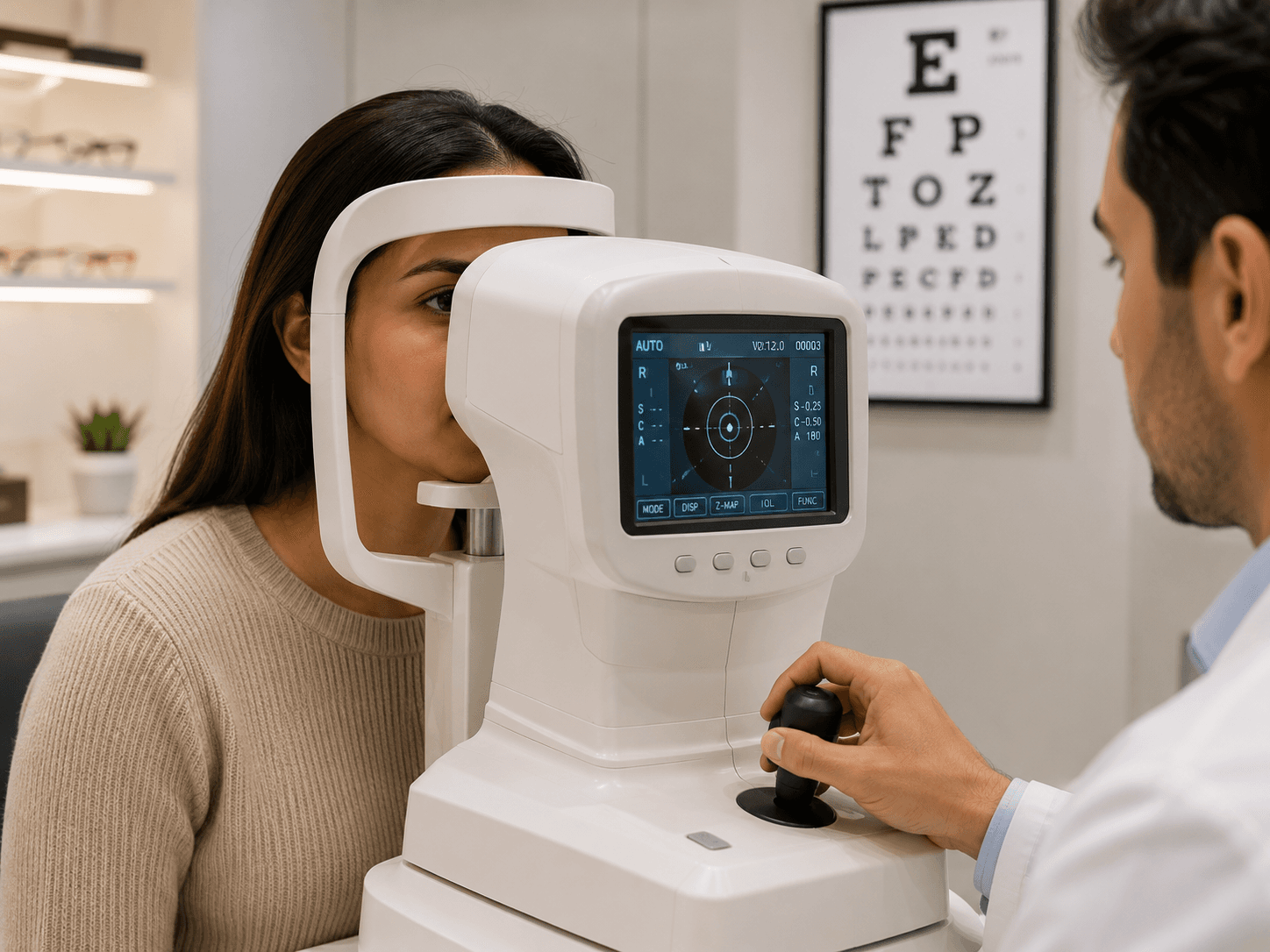 Optician performing a computerised eye test on a customer