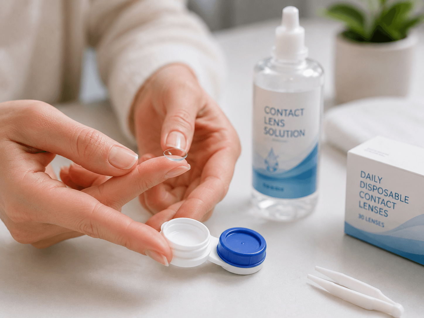 Person comfortably wearing contact lenses, natural lifestyle shot