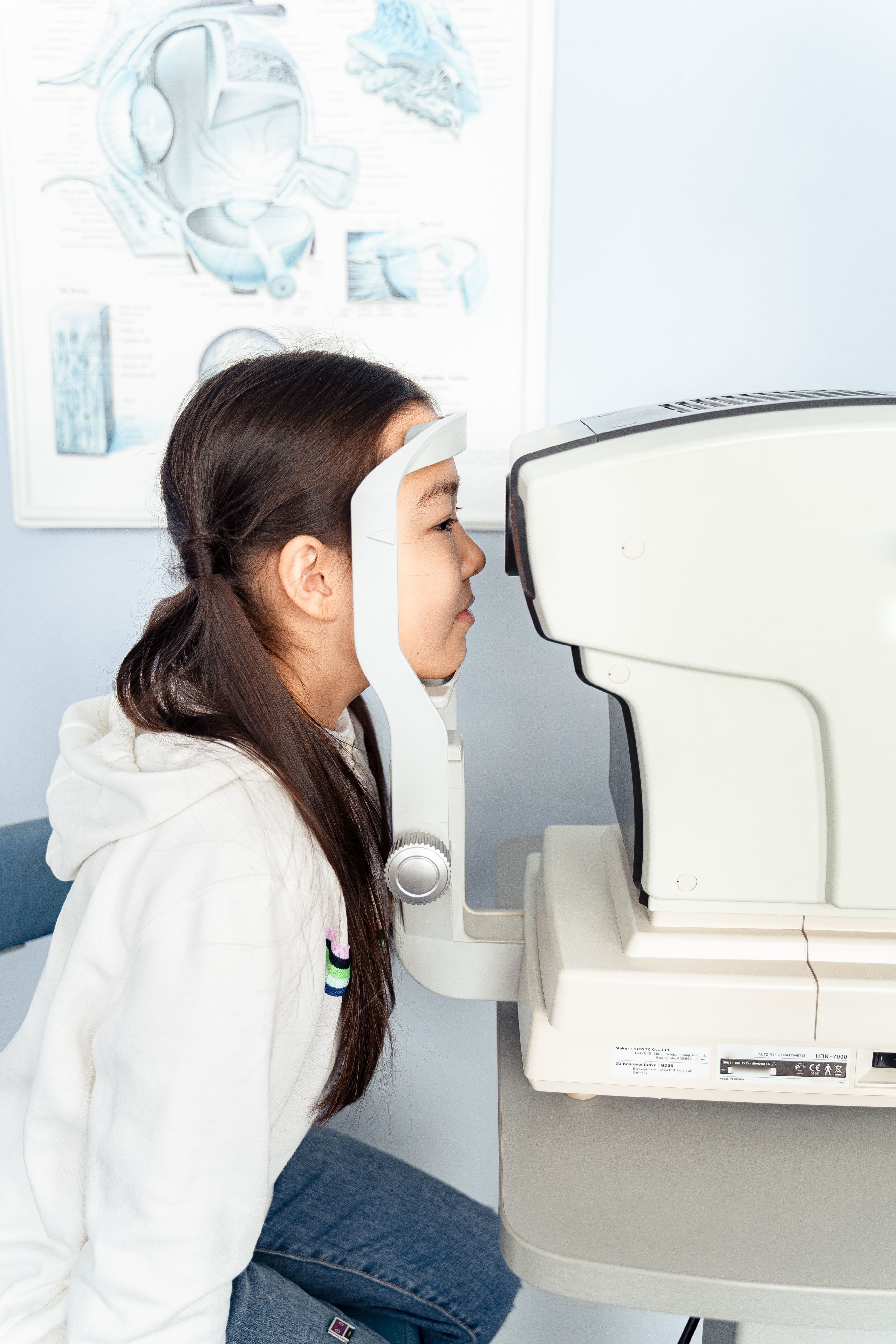 Optician performing a computerised eye test on a customer